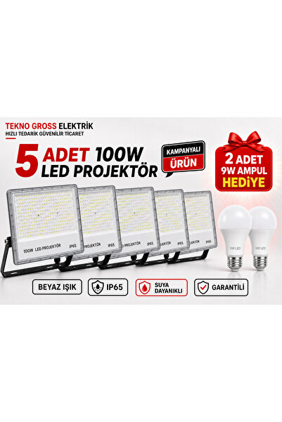 Genel Markalar 100 Watt Led Projektör 5 Adet Beyaz Işık Aydınlatma Suya Dayan...