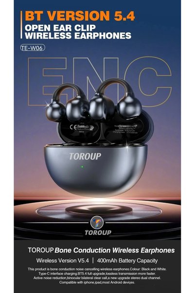 Toroup Căști wireless TE-W06 cu prindere pe ureche, Bluetooth 5.4, Reducere a zgomotului ENC, Audio de înaltă rezoluție, Carcasă de încărcare de 400mAh, Până la 24 de ore de autonomie, USB-C, Negru / Alb