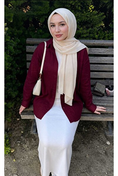 blackbonds Burgundy Oversize Cotton Linen Shirt with Pockets Trendy Loose Dro...