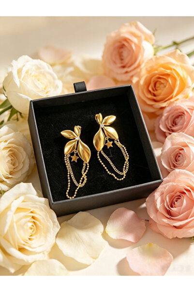 Noon Noora Flower diamond tassel earrings, stainless steel PVD plated 18K gol...