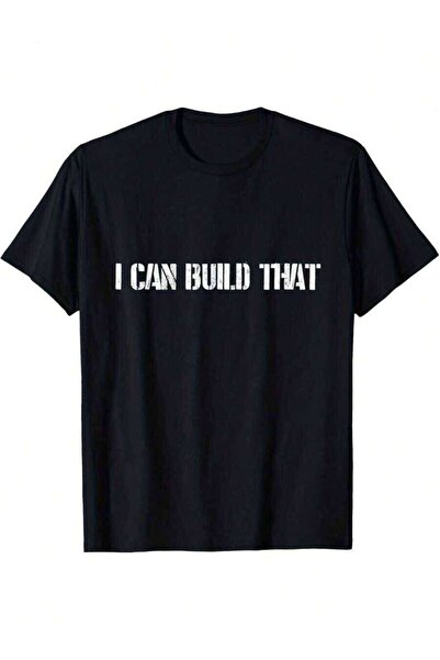 LİNA06 قميص رجالي أسود كاجوال بطباعة 'I Can Build It' مع حروف بيضاء بارزة، بأ...