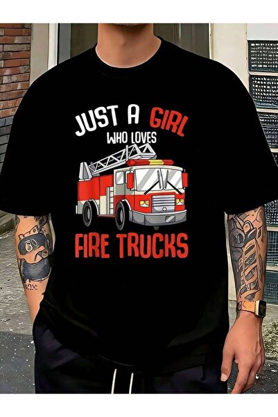 45 BPM تي شيرت رجالي بتصميم رسومي 'Just A Girl Who Loves Firetrucks Firefight...