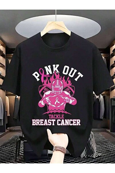 NOURAM تي شيرت رجالي أسود بتصميم Pink Out Tournament مع رسومات لاعب كرة القدم...