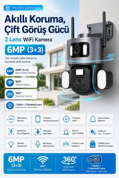 IDS 2 KAMERALI 3+3MP WIFI GÜVENLİK KAMERASI - 360 OTOMATİK - GECE GÖRÜŞ - HAR...