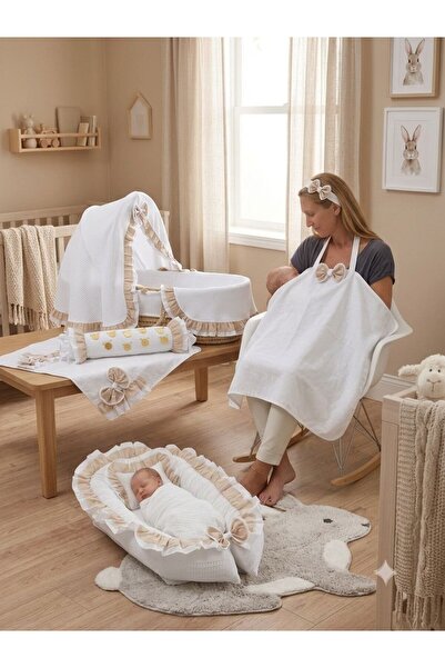 Babynest Full Set 9 Parça Ihtiyaç Ürünleri Fırfırl pamuklu beyaz bej