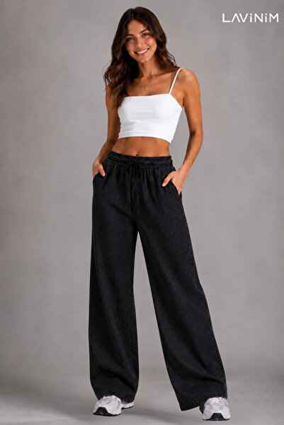 LAVİNİM Women's Denim Detailed Linen Blend Loose Leg Comfortable Summer Trousers