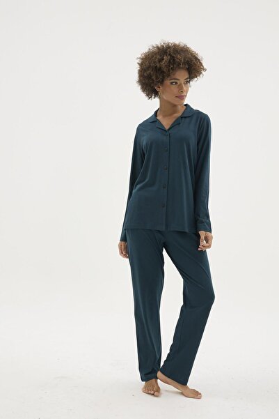 KLY Women's Petrol Front Buttoned Shirt Collar Pajama Set C6T0N162-K