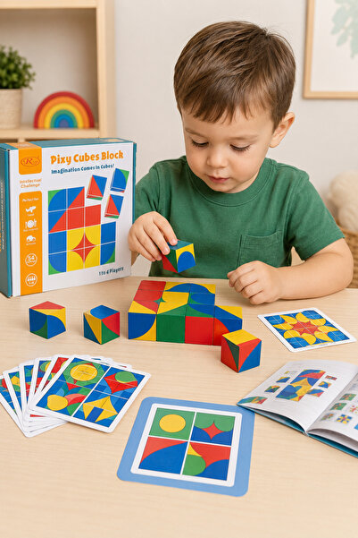 RCO Joc educativ 16 cuburi de logica "Pixy Cubes" din lemn si 23 carduri cu m...