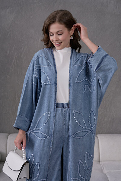 Miss Allos Women's Embroidered Summer Denim Bat Sleeve Two-Piece Set
