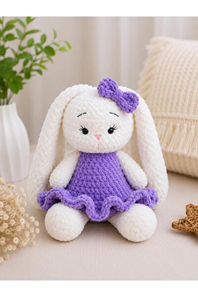 Moda Lina Baby El Yapımı Büyük Amigurumi Tavşan – Mor Elbiseli Yumuşak Örgü O...