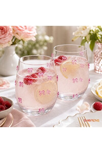 SHOPIENS Set de 2 pahare din sticlă transparentă de 520 ml, cu fundițe roz ap...