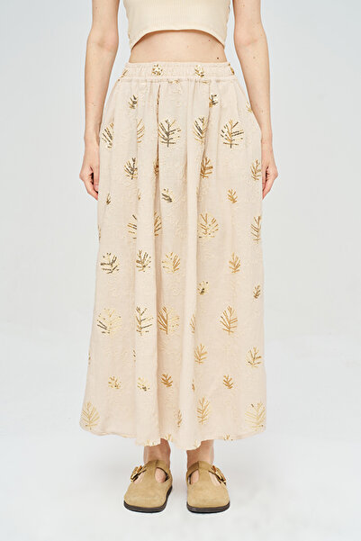 Orfeo Negro Women's Sequin Leaf Embroidered Maxi Skirt with Elastic Waist