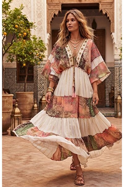 moda gk Boncuk/Nakış Detaylı Parlak Desenli Bohem Pamuk/İpek Elbise