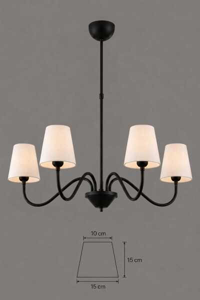 BSA LIGHTING MİRA 4'LÜ SİYAH MODERN AVİZE (KREM KONİK ABAJURLU) E27 DUYLU KLASİK ŞIK AVİZE