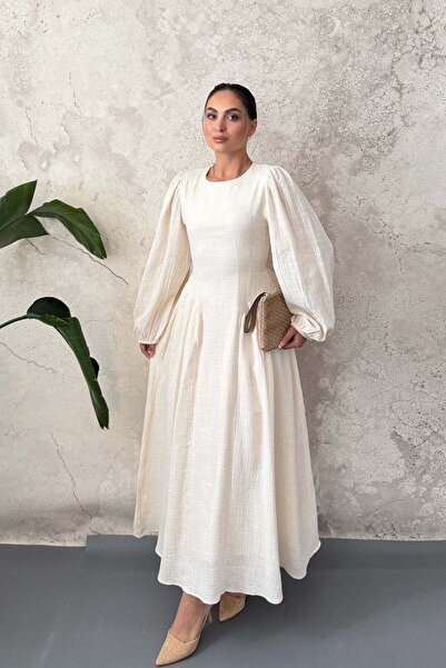 Elbee Fashion Woman فستان بيج بأكمام طويلة وتنورة مكشكشة