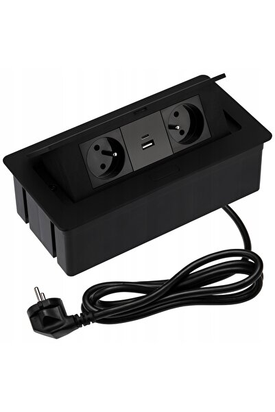 GTV Priză dublă retractabilă încastrată în blat, neagră, cu USB A + USB C