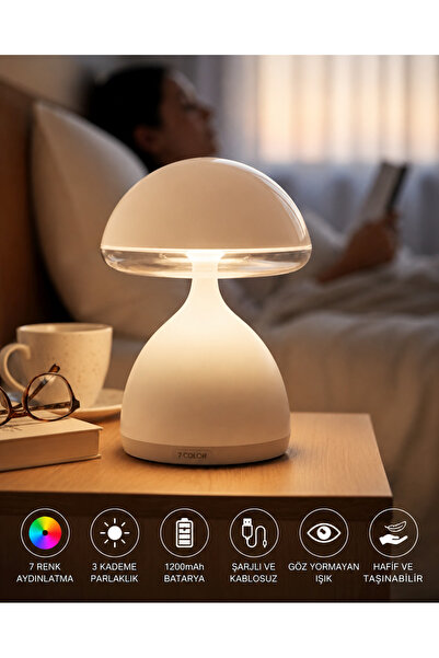 YENİTECH Renkli Şarjlı Mantar Lamba LED Gece Lambası Dekoratif Masa Lambası K...