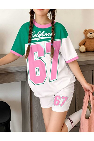 VESTIR BIEN 67 California Baskılı Şort-T-shirt Bej Takım
