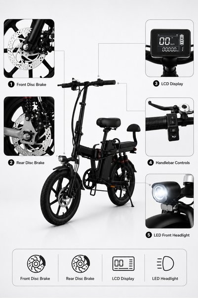 Ummelia SpeedGear PRO 6 in 1 Folding Electric Bike| 400W,48V Lithium Battery| 14” Tyres| Alloy Frame Rear Hub Motor| Disc Brakes |Adult E-Bike Up to 60 km Range