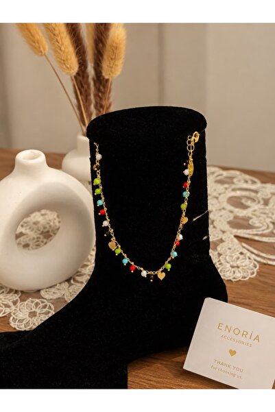 ENORİA ACCESSORİES Renkli Boncuk ve Kalp Figürlü Altın Renk Halhal