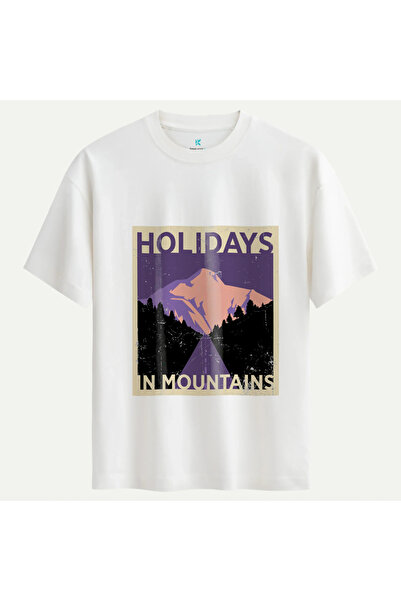 Oversize %100 Pamuk Unisex Holiday Baskılı Tişört - Beyaz