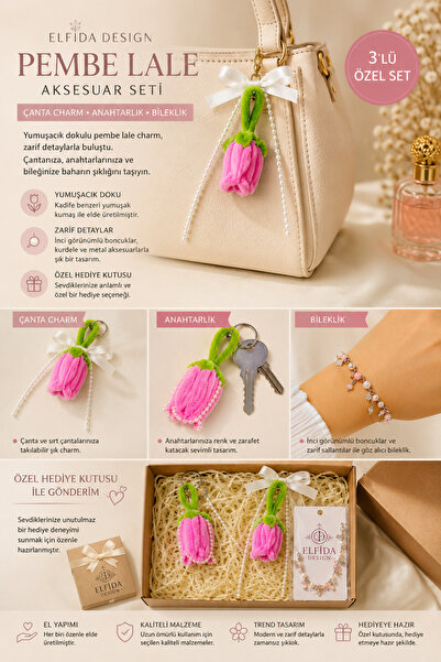 Elfida Design Pembe Lale 3' Lü Aksesuar Seti
