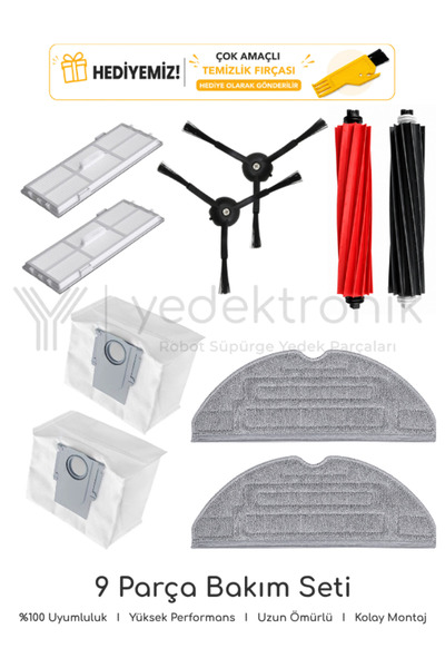 Roborock S8 / S8 Plus / S8 Sonic / S8 Pro Ultra Uyumlu 9 Parça Bakım Seti (Füme Mop Bezli) | Filtre, Mop Bezi, Ana Fırça, Yan Fırça, Toz Torbası | Yüksek Kalite