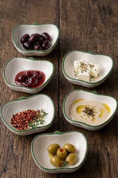 evcime El Yapımı El Boyaması Sarı Çiçek Desenli Elma Model 6'lı Seramik Sosluk & Reçellik & Çerezlik ve Kahvaltı Sunumluk - Yeşil Kenarlı