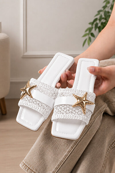 STOCON White Straw Weave Women's Slippers with Starfish Accessories Beach Sli...