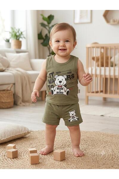 Efemkids Teddy Bear Printed Printed Tank Top Shorts 2-Piece Set for Baby Boy