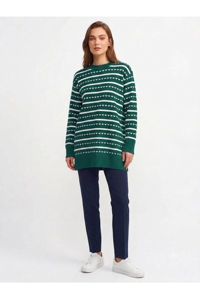 ÇALIKUŞU TRİKO Striped Bat Sleeve Khaki Blouse with Hearts