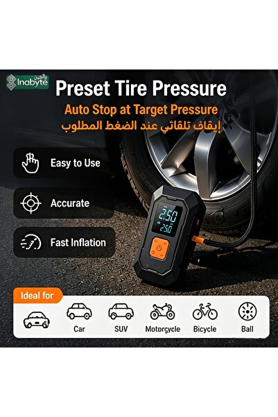 inabyte منفاخ إطارات لاسلكي محمول، ضاغط هواء رقمي بقوة 150PSI مع مقياس ضغط، ض...