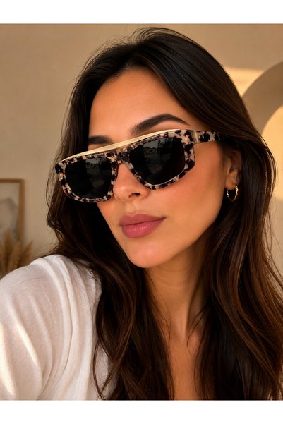 Bymiel Women's Leopard Patterned Gold Detailed Oversize Square Uv400 Sunglasses