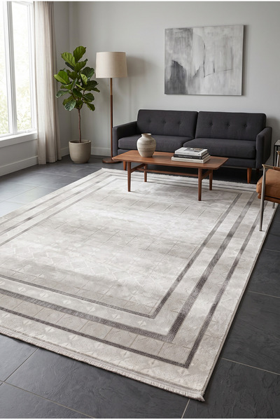 Pastel Modern Geometrik Desenli Gri Çerçeveli Halı Oturma Odası Salon Yatak O...