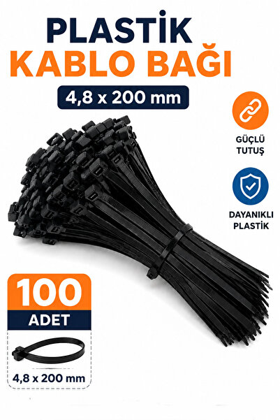 Badem10 Kablo Bağı Plastik Cırt Kelepçe 4,8x200 mm Siyah 100 Adet Güçlü Kilit...