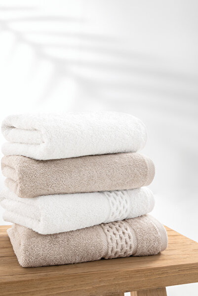 Yataş Averna 4-Piece 100% Cotton Hand & Face Towel Set - Beige/Ecru