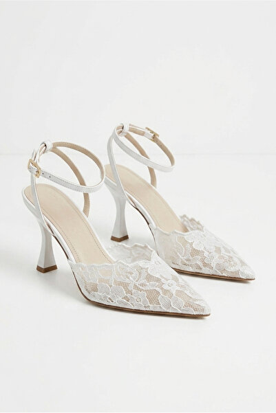 Papuckurdu White Mesh Ankle Strap Pointed Toe Women's Heeled Evening Dress Shoes