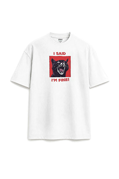 Darkia Said I'M Fine Y2K Cat Printed Design Relax Fit White T-Shirt