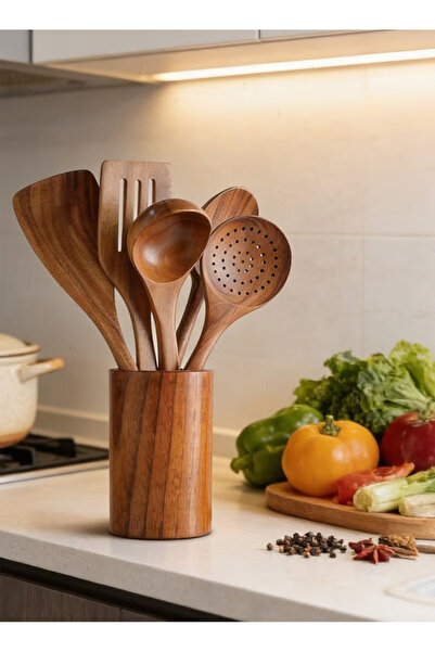 Pomefar 6 Pack Acacia Wood Cooking Tools Set with Holder, Heat Resistant Spat...