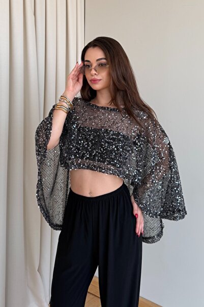 Laluvia بلوزة سوداء مزينة بالترتر - 1119