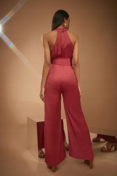 NO BRAND Salopetă din satin roșu, croială dreaptă, cu curea, Oasis 40