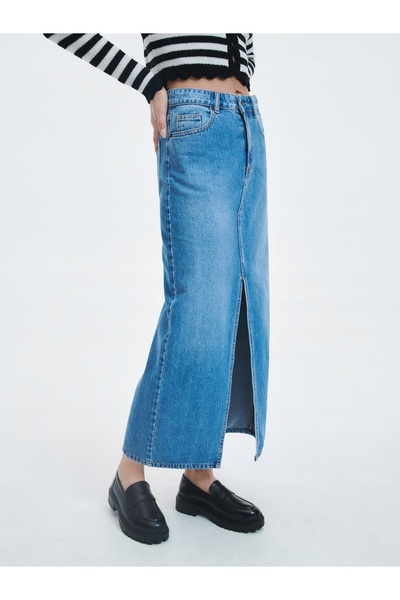 NO BRAND Fustă din denim Midaxi cu șliț, din bumbac albastru, Reserved S