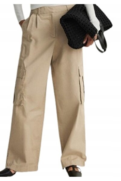 NO BRAND Pantaloni din bumbac bej, croială largă dreaptă, cu buzunare, Reserve L