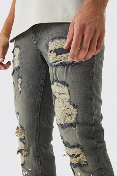 NO BRAND Pantaloni lungi din denim gri cu rupturi Boohooman 36