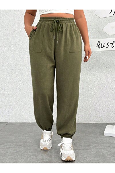 NO BRAND Pantaloni verzi cu talie înaltă, cu bandă elastică netedă în talie, ...