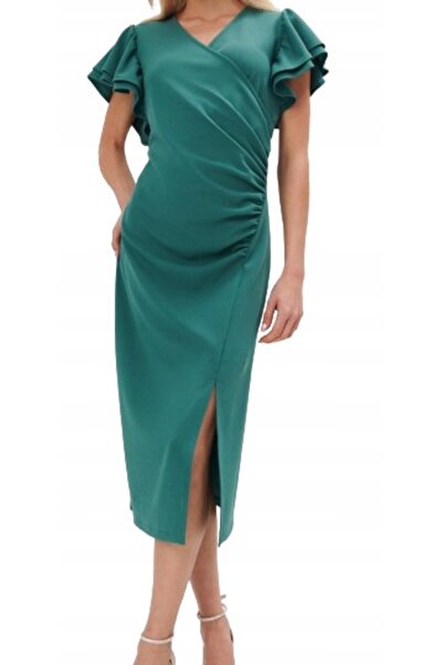 NO BRAND Rochie midi verde, netedă, cu șliț, drapaje și volane, mohito l