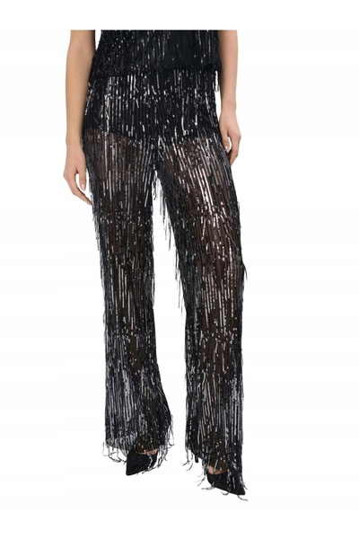 NO BRAND Pantaloni negri lungi, drepți, largi, cu paiete, talie înaltă 32