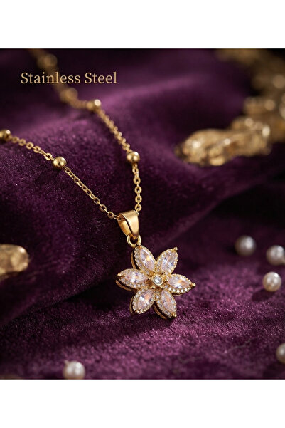 stainless steell سلسلة فولاذية 316L ذهبية اللون مرصعة بحجر الزركون على شكل زهرة