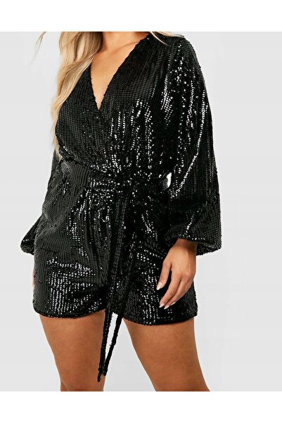 NO BRAND Salopetă neagră cu mâneci lungi, cu curea, cu model, cu paiete, BOOH...