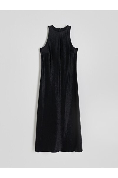 NO BRAND Rochie trapezoidală neagră, netedă, lungime midi, închidere cu fermo...